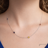 14K White Gold Multi Gemstone Station Necklace – 17” Bezel Set Rainbow Gemstone Necklace | Dainty Layering Fine Jewelry Amethyst, Blue Topaz, Imperial Topaz & Garnet