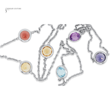 14K White Gold Multi Gemstone Station Necklace – 17” Bezel Set Rainbow Gemstone Necklace | Dainty Layering Fine Jewelry Amethyst, Blue Topaz, Imperial Topaz & Garnet