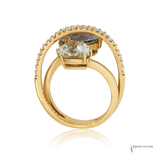 18K Yellow Gold Green Amethyst, Lemon Quartz & Diamond Multigemstone Ring Luxury Cocktail Ring Size 6.5