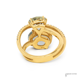 18K Yellow Gold Green Amethyst, Lemon Quartz & Diamond Multigemstone Ring Luxury Cocktail Ring Size 6.5