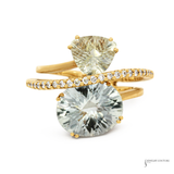 18K Yellow Gold Green Amethyst, Lemon Quartz & Diamond Multigemstone Ring Luxury Cocktail Ring Size 6.5