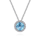 14K White Gold Round Swiss Blue Topaz and Diamond Halo Pendant Necklace