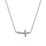 14K White Gold Sideways Curved Diamond Cross Necklace