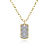 14K Yellow Gold Diamond Pavé Dog Tag Pendant Hollow Chain Necklace