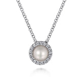 14K White Gold Pearl and Diamond Halo Pendant Necklace