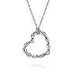 Silver necklace with a heart-shaped pendant on a white background