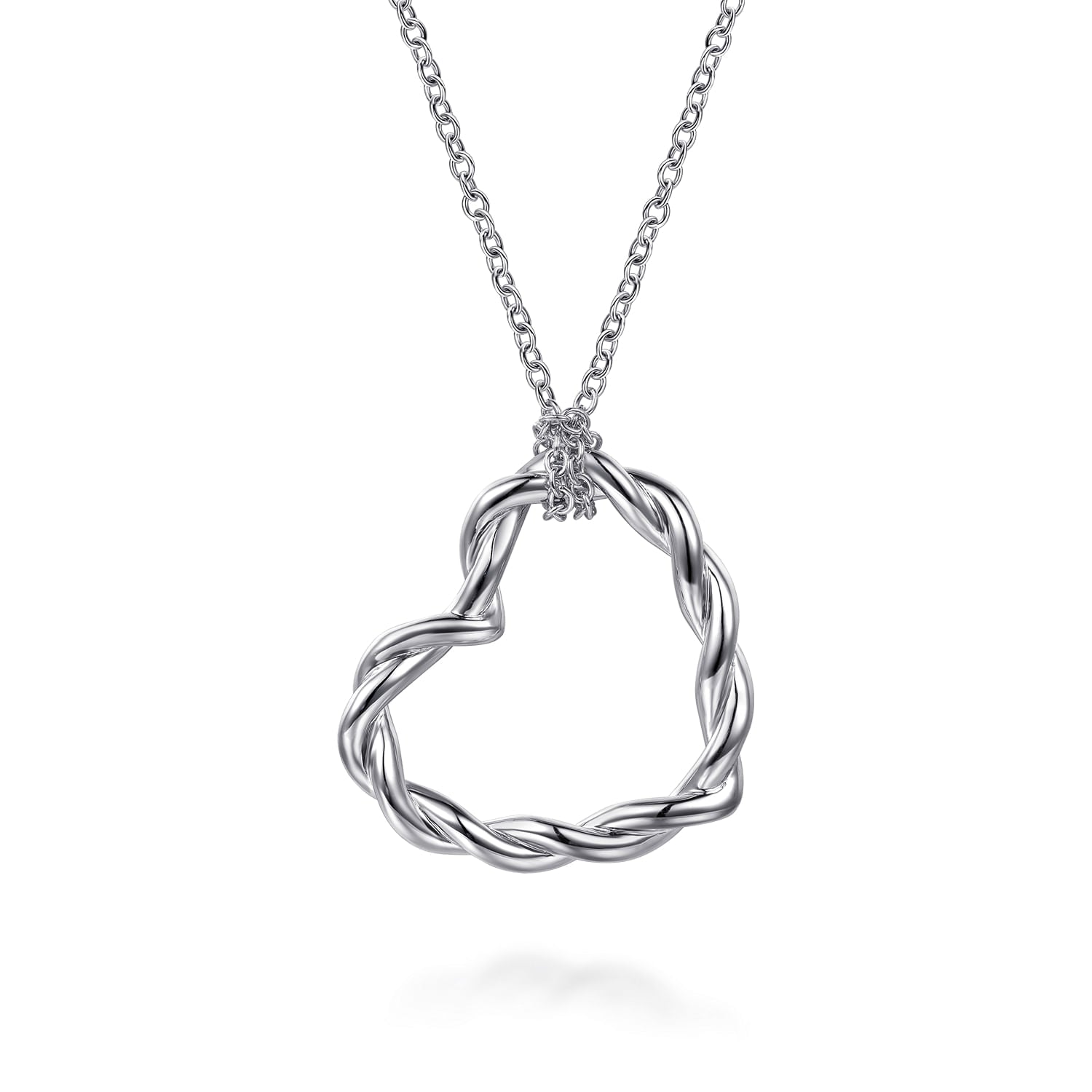 Silver necklace with a heart-shaped pendant on a white background