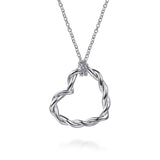 Silver necklace with a heart-shaped pendant on a white background