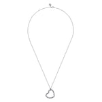 Silver necklace with a heart-shaped pendant on a white background