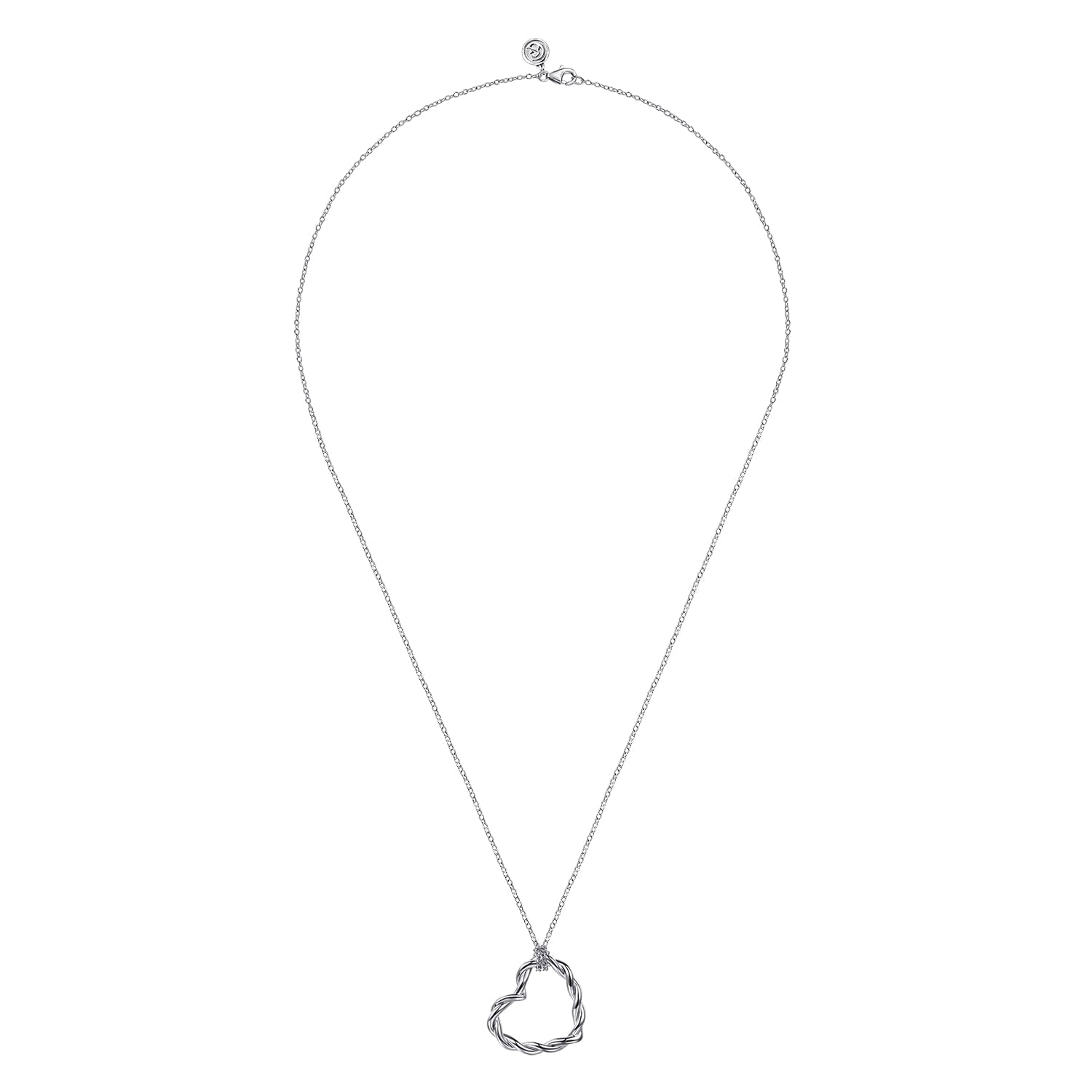 Silver necklace with a heart-shaped pendant on a white background