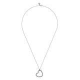 Silver necklace with a heart-shaped pendant on a white background