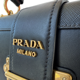 Authentic Prada Cahier City Crossbody Bag Black Calfskin & Saffiano Leather Antique Gold Hardware | Made in Italy | Pre-Owned