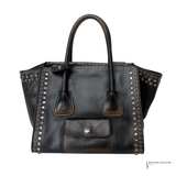 Prada Vintage Twin Pocket Studded Tote Bag in Ebano Distressed Leather | Pre-Owned Shoulder Handbag