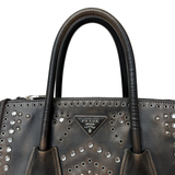 Prada Vintage Twin Pocket Studded Tote Bag in Ebano Distressed Leather | Pre-Owned Shoulder Handbag