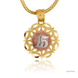 14K Tri-Tone Gold “15” Quinceañera Pendant (21mm) | Two-Tone Rose & White Gold Sweet 15 Necklace Charm | Fine Jewelry USA Shipping