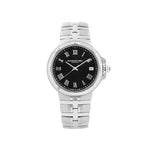 A silver-toned stainless steel wristwatch with a black dial, Roman numeral hour markers, and a date window at 3 o'clock, shown on a plain white background.