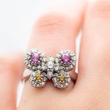 14K White Gold Pink and Yellow Sapphire Diamond Ring | One-of-a-Kind Multi-Gem Cocktail Butterfly Ring | Diamond, Pink Sapphire & Yellow Sapphire