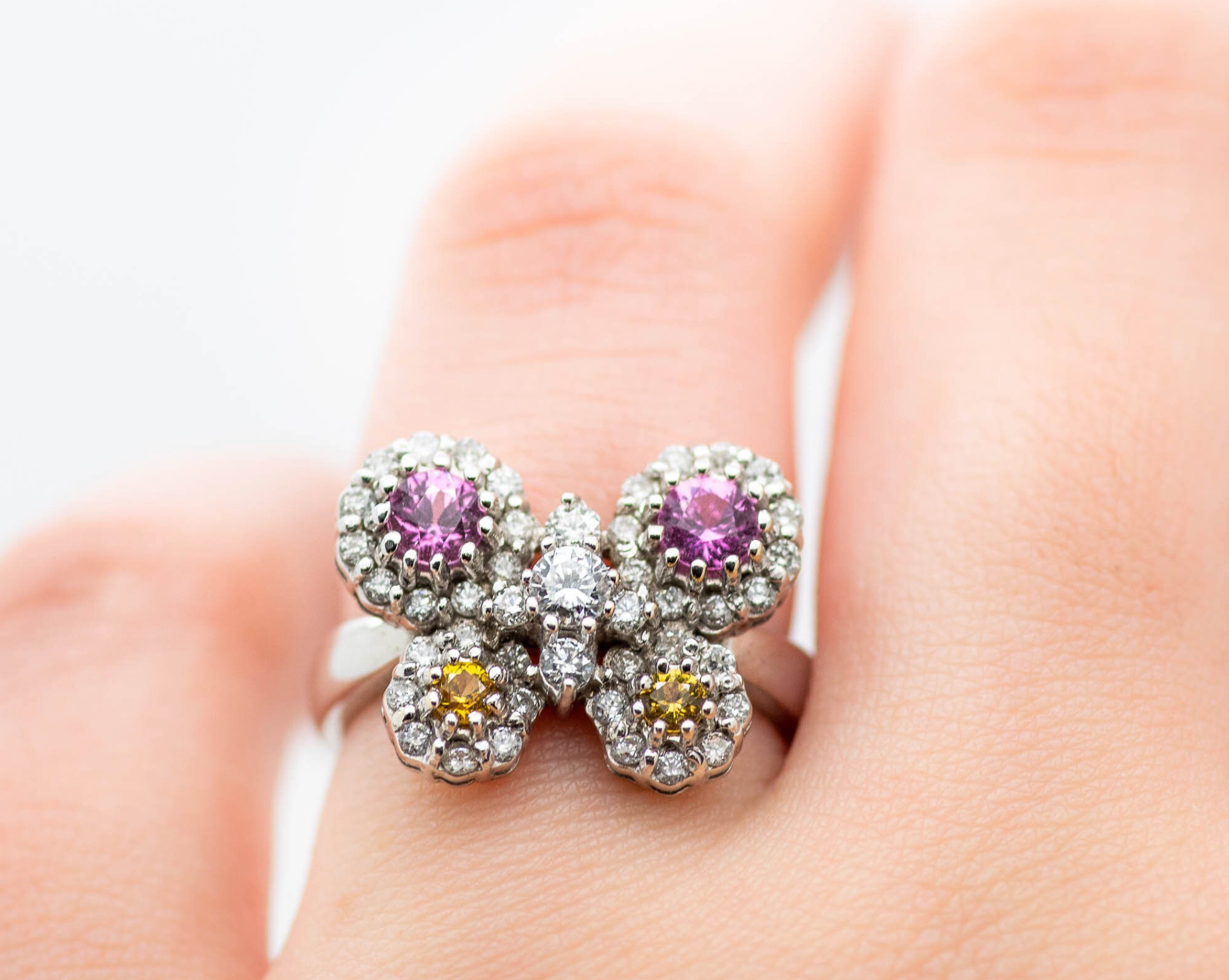 Decoage 14KT White Gold Butterfly Cocktail Ring with Pink and Yellow Sapphire and Diamond