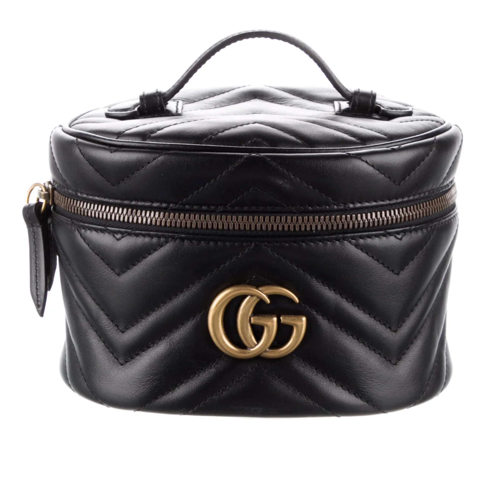 Black quilted Gucci cosmetic circle bag with gold zipper and logo on a white background
