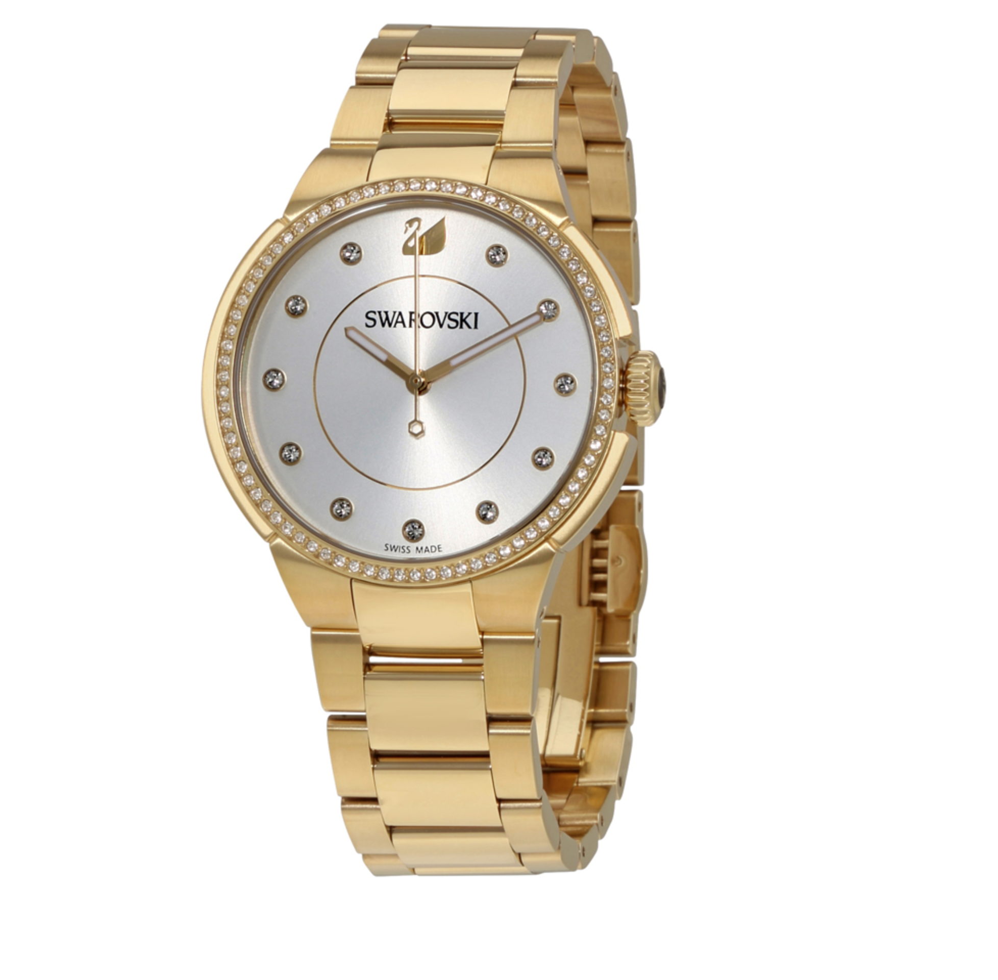 Gold tone Swarovski watch on a white background. Stainless Steel Analogue Women's Watch