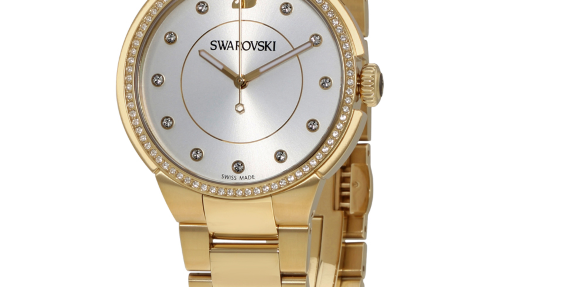 Gold tone Swarovski watch on a white background. Stainless Steel Analogue Women's Watch