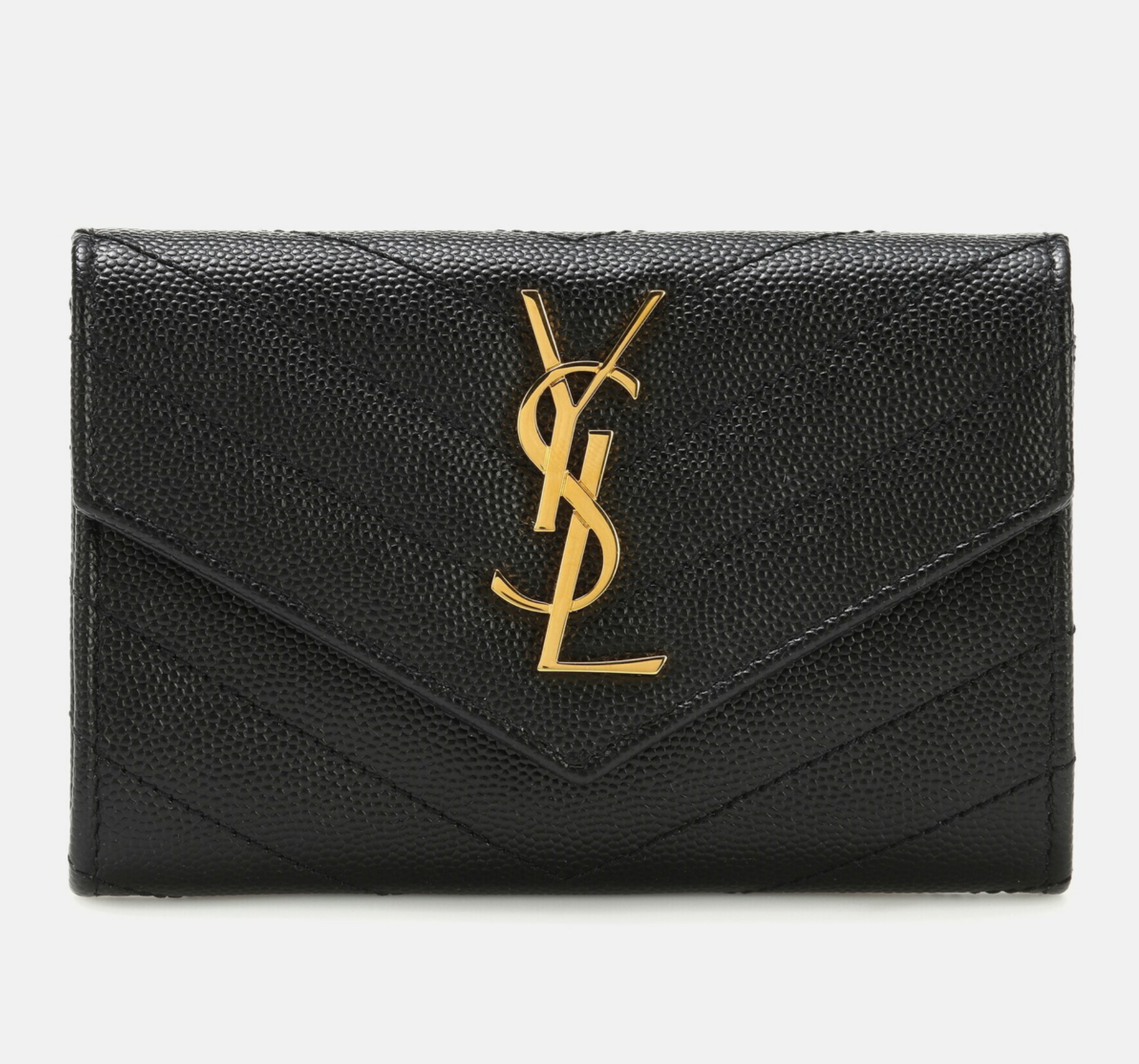 Black leather wallet with gold YSL logo on a white background Grained Leather Pre-Owned