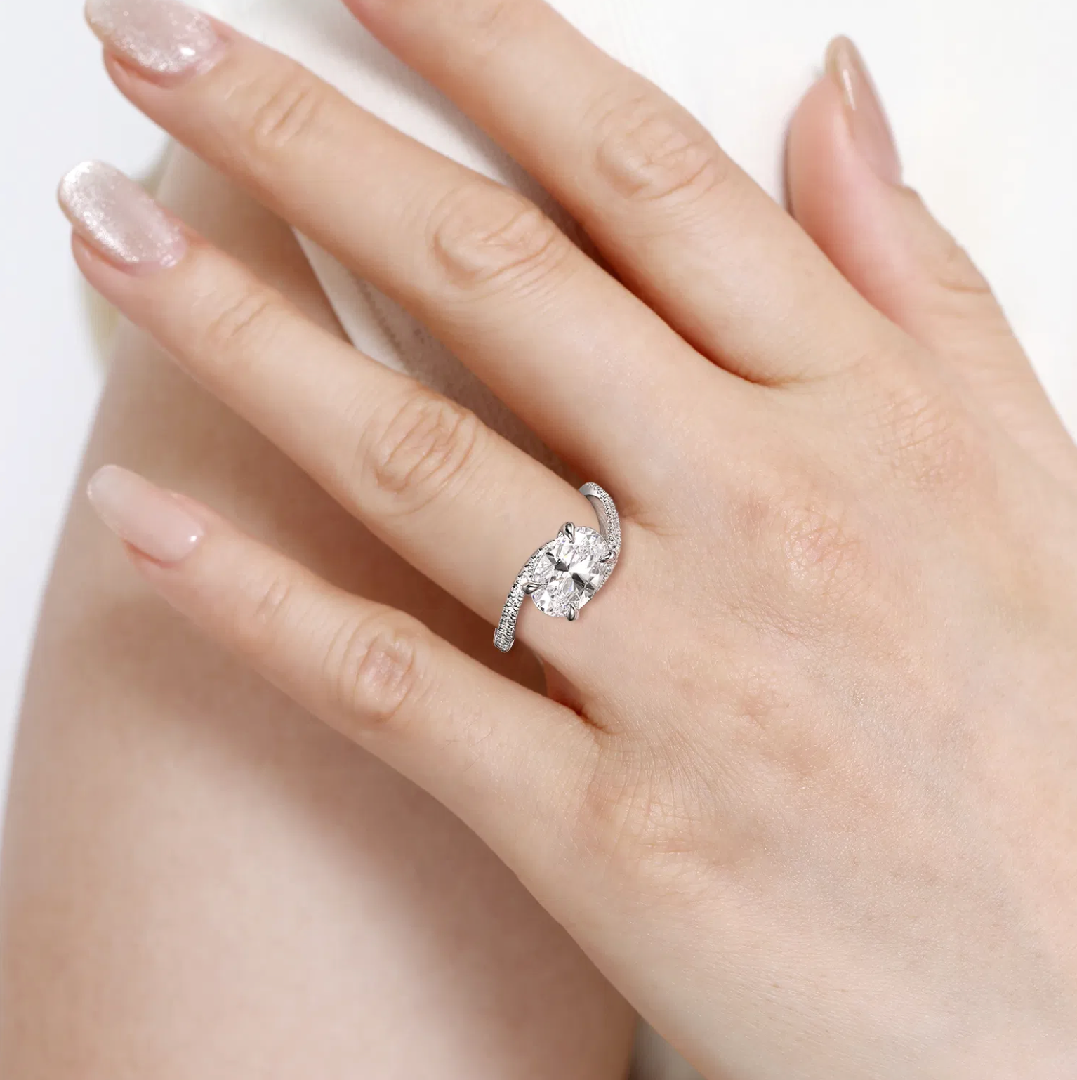 Aiva - 14K White Gold Bypass Oval Diamond Engagement Ring