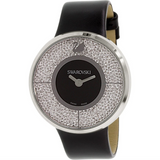 Swarovski watch with black strap and crystal-encrusted face on a white background
