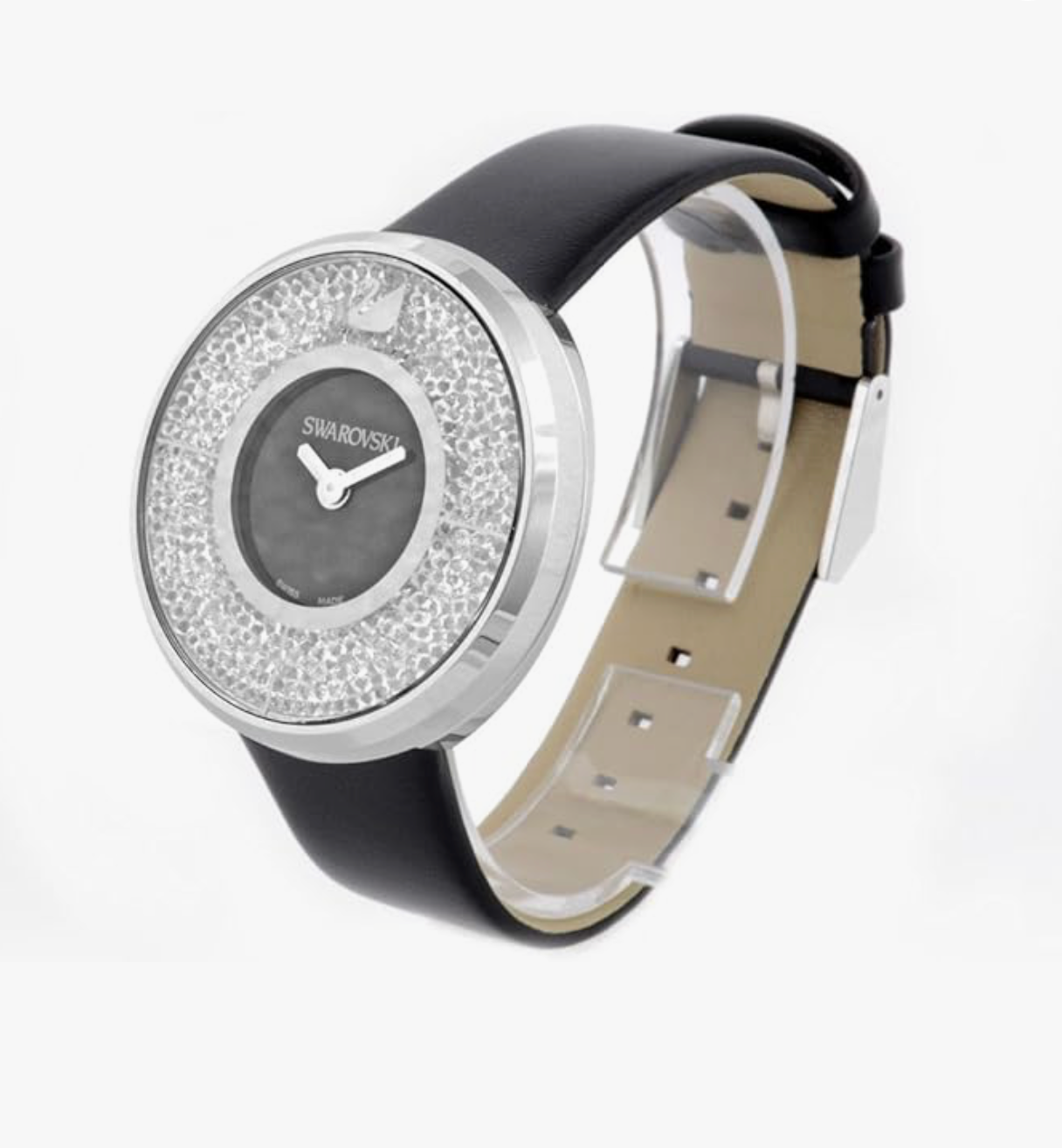 Swarovski watch with black leather strap and crystal-encrusted face on a white background