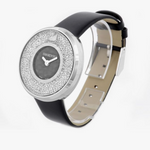 Swarovski watch with black leather strap and crystal-encrusted face on a white background