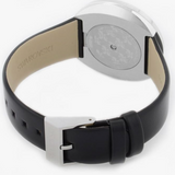 Wristwatch with black strap and silver case on a white background