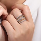 14K White-Yellow Gold Twisted Rope and Diamond Multi Row Ring