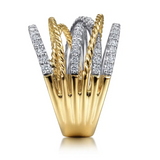 14K White-Yellow Gold Twisted Rope and Diamond Multi Row Ring