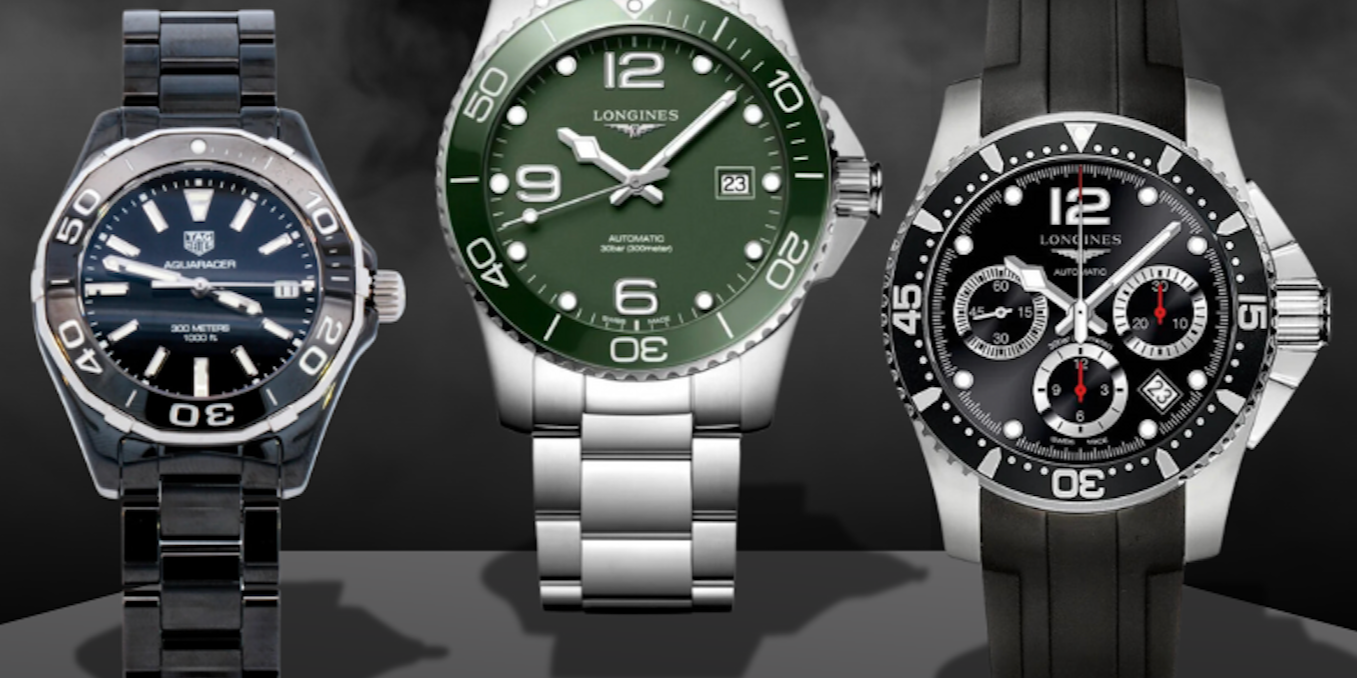 Luxury Swiss watches by Tag Heuer, Longines, and Tissot displayed in jewelry store showcase featuring stainless steel chronograph and automatic timepieces.