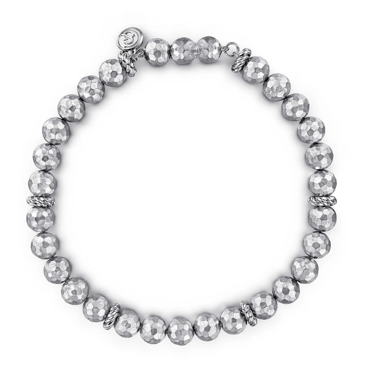 Silver beaded bracelet on a white background
