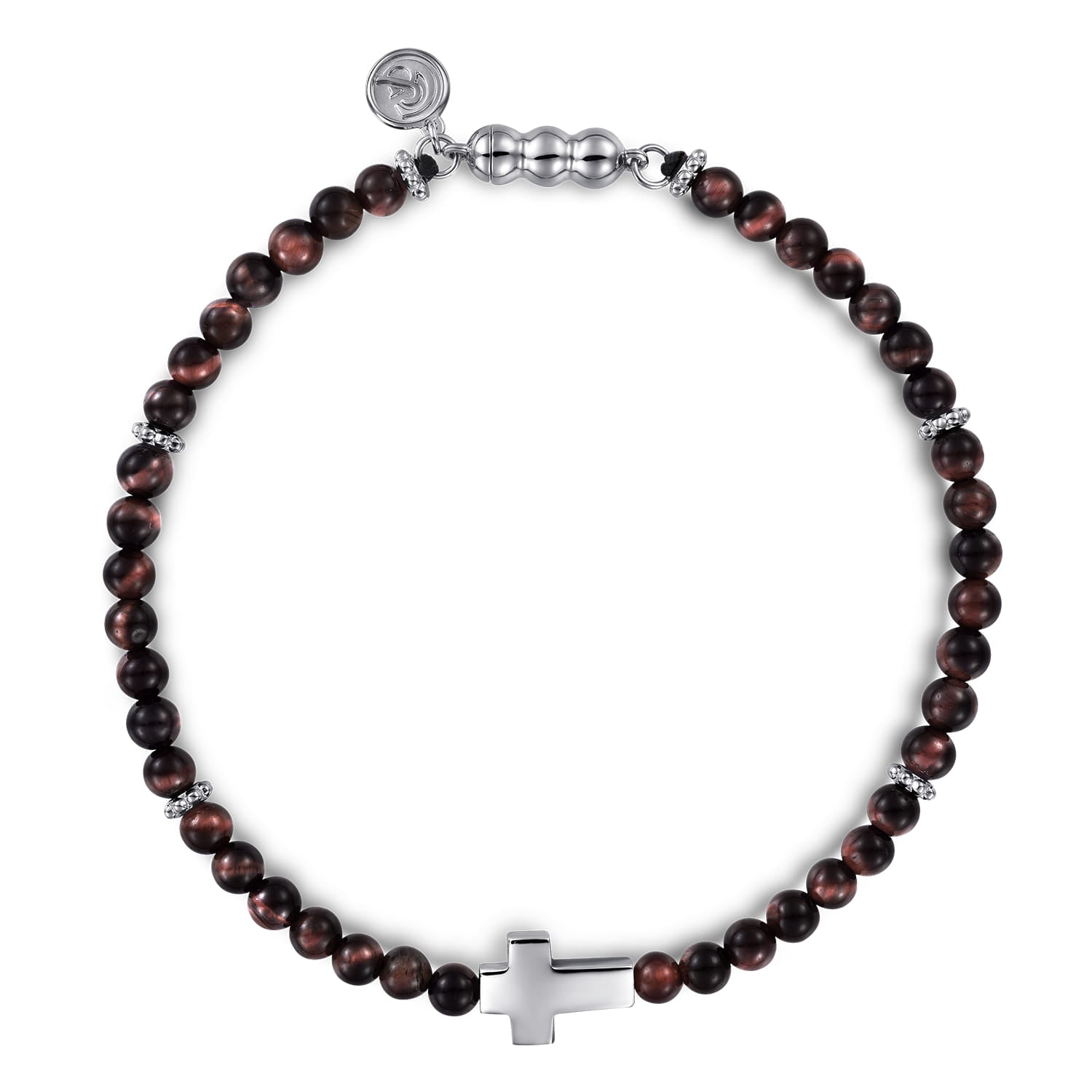 925 Sterling Silver Cross Bracelet with 4mm Tiger Eye Beads Men's Bracelets