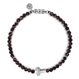 925 Sterling Silver Cross Bracelet with 4mm Tiger Eye Beads Men's Bracelets