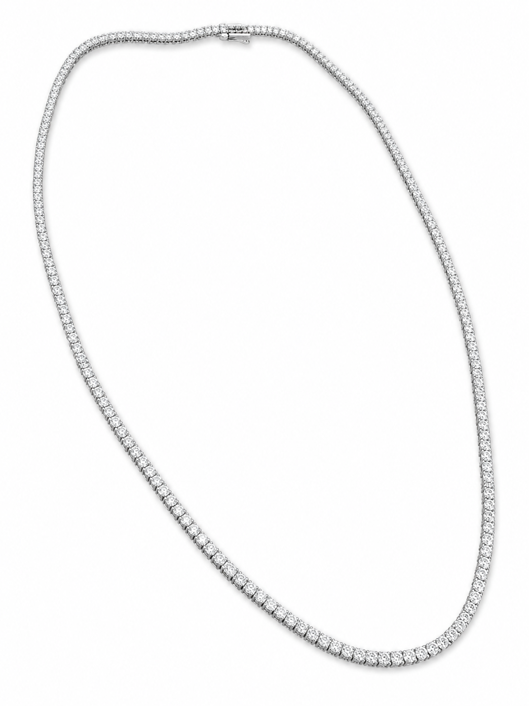 A tennis-style diamond necklace in a white-toned metal, arranged in an oval shape on a plain white background.