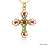 10K Yellow Gold Ruby and Emerald Cross Pendant – Elegant Religious Jewelry