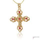 10K Yellow Gold Ruby and Emerald Cross Pendant – Elegant Religious Jewelry