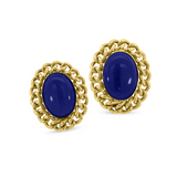 Vintage 14kt Yellow Gold Oval Lapis Lazuli Earrings - Bold Twisted Rope Design