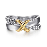 Wide Band Bujukan Silver and 14K Gold Criss Cross Ring