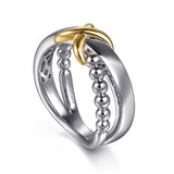 Wide Band Bujukan Silver and 14K Gold Criss Cross Ring
