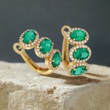 14KT Yellow Gold Triple Halo Emerald Hoop Earrings 14KT Yellow Gold  – Oval Emeralds & Diamonds
