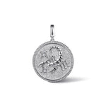 Silver pendant with zodiac design on a white background