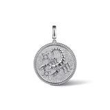 Silver pendant with zodiac design on a white background