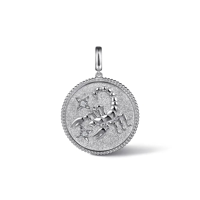 Silver pendant with zodiac design on a white background