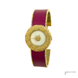 Buccellati Eliochron 18K gold watch with fuchsia leather bracelet