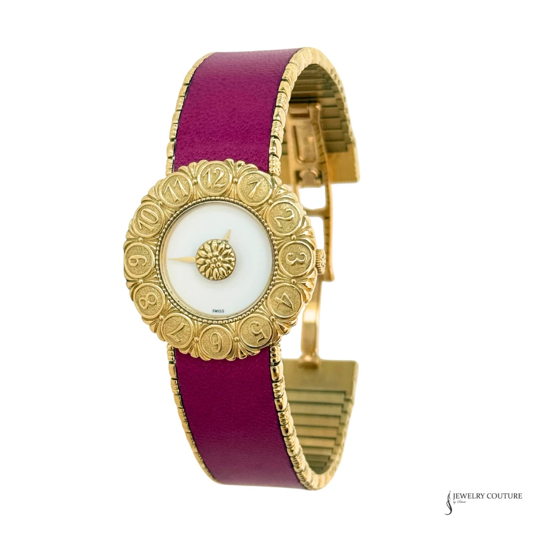 Buccellati Eliochron engraved numeral bezel and white dial