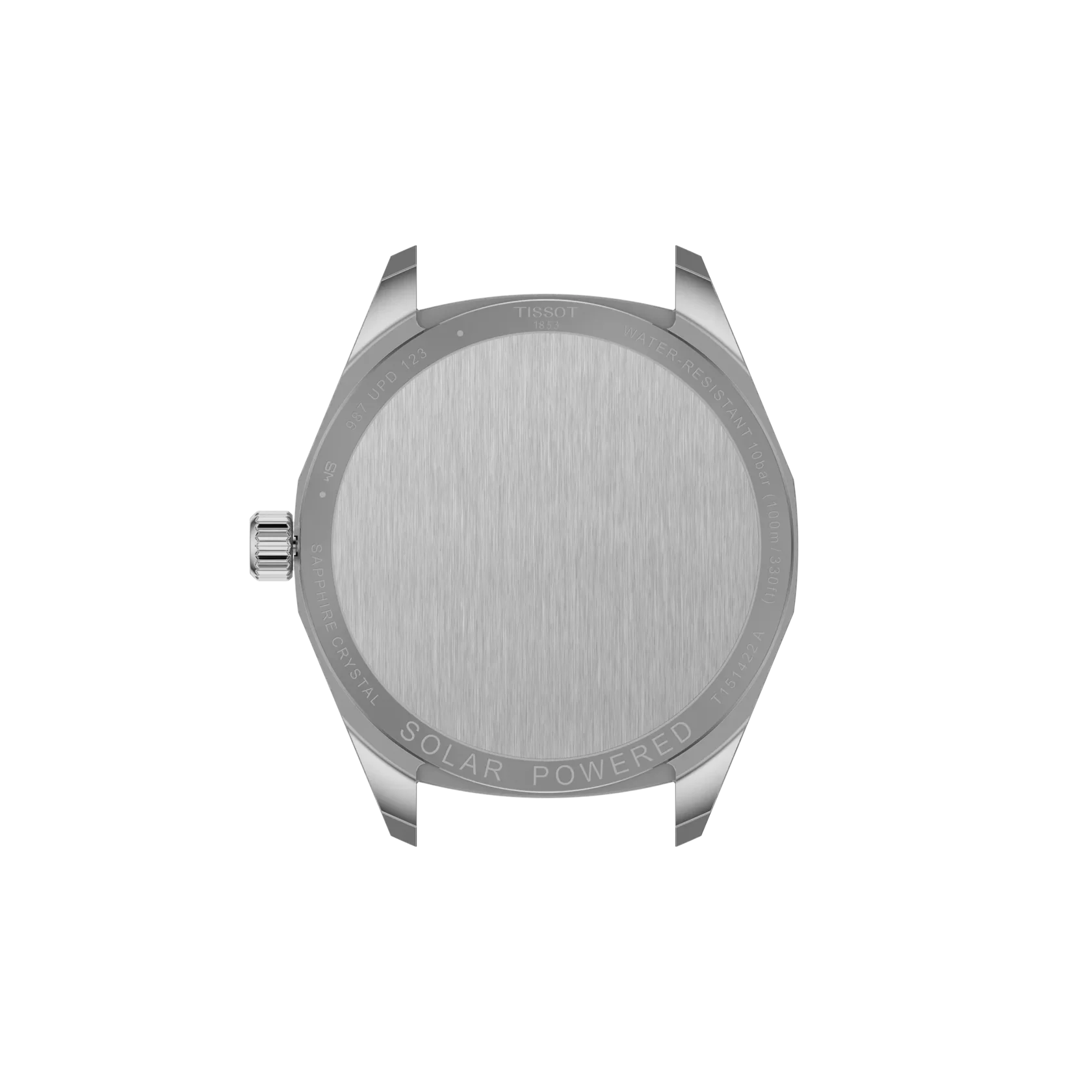 Silver watch case with 'Solar Powered' text on a white background